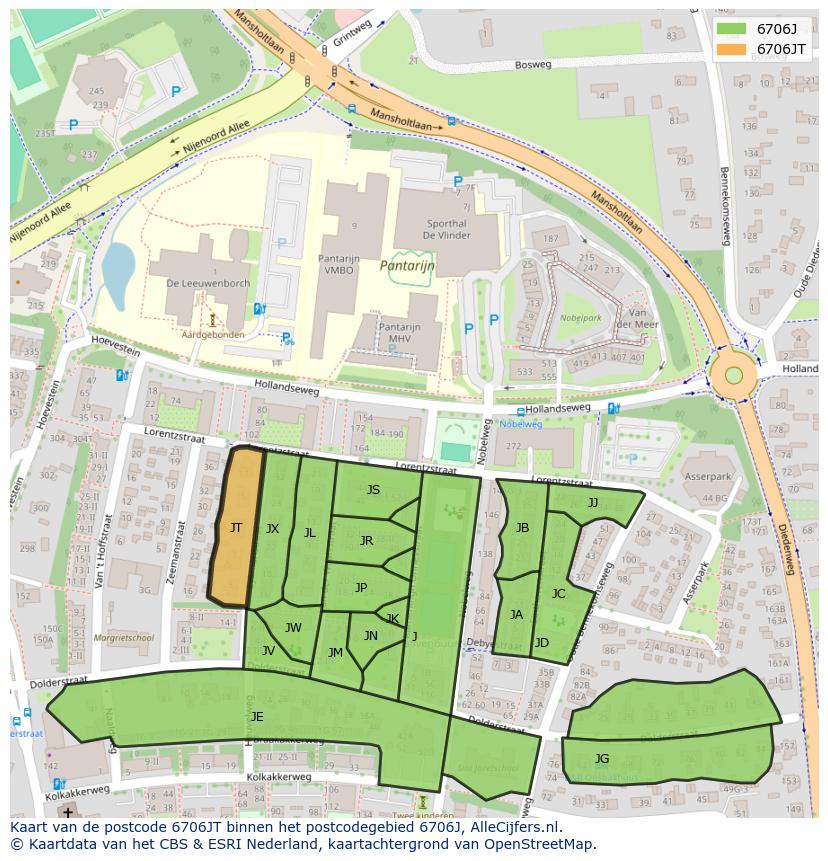 Afbeelding van het postcodegebied 6706 JT op de kaart.