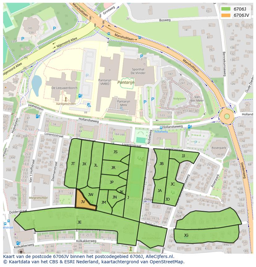 Afbeelding van het postcodegebied 6706 JV op de kaart.