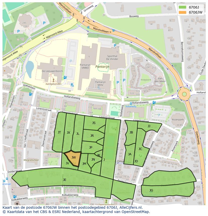 Afbeelding van het postcodegebied 6706 JW op de kaart.