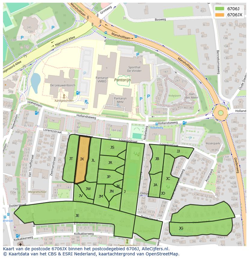 Afbeelding van het postcodegebied 6706 JX op de kaart.