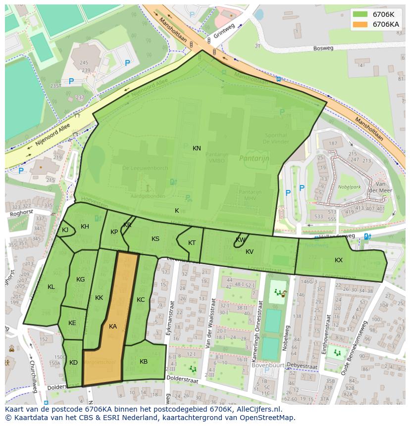 Afbeelding van het postcodegebied 6706 KA op de kaart.