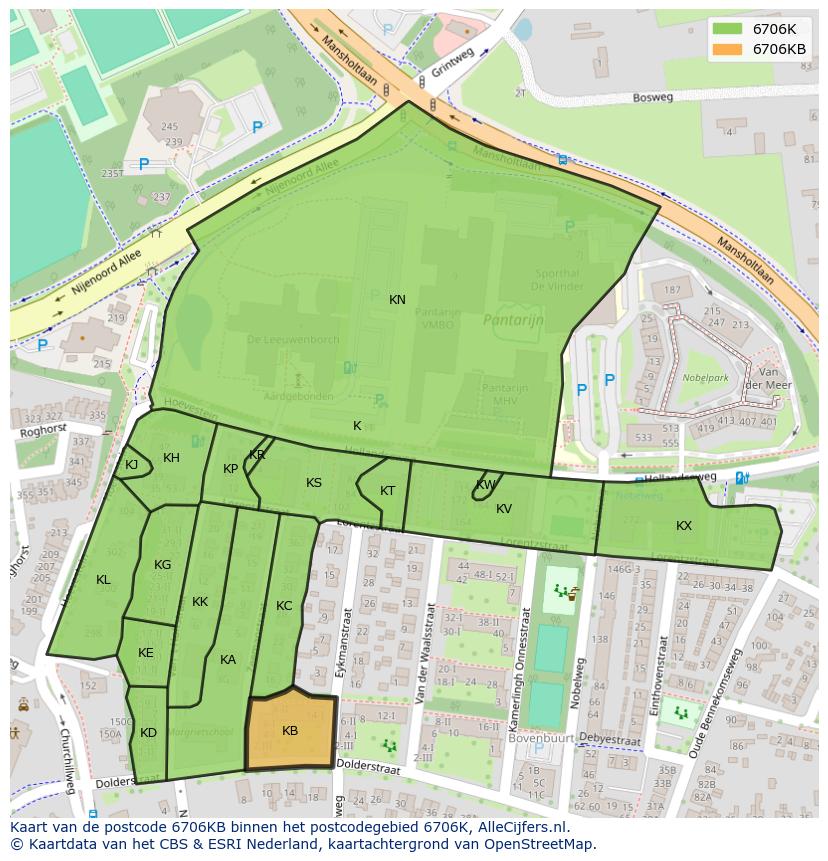 Afbeelding van het postcodegebied 6706 KB op de kaart.