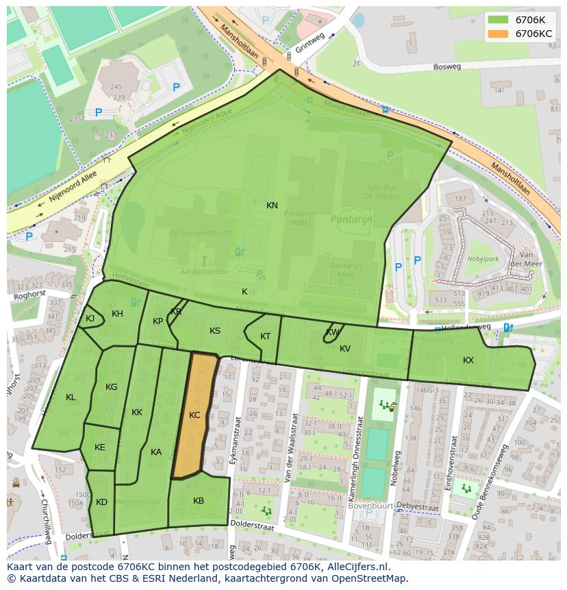 Afbeelding van het postcodegebied 6706 KC op de kaart.