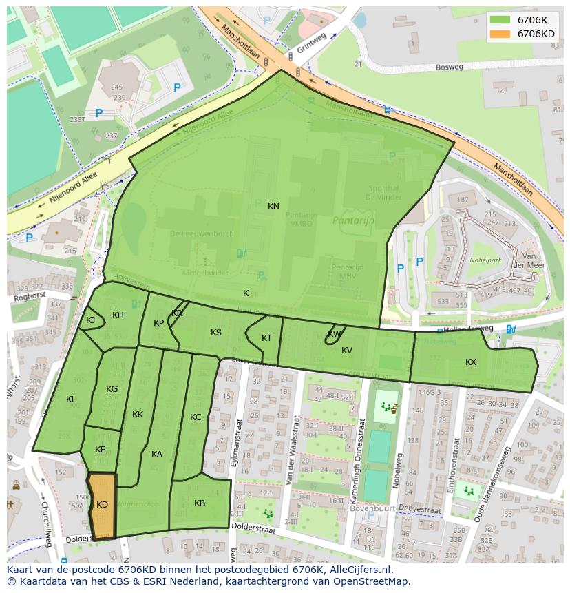 Afbeelding van het postcodegebied 6706 KD op de kaart.