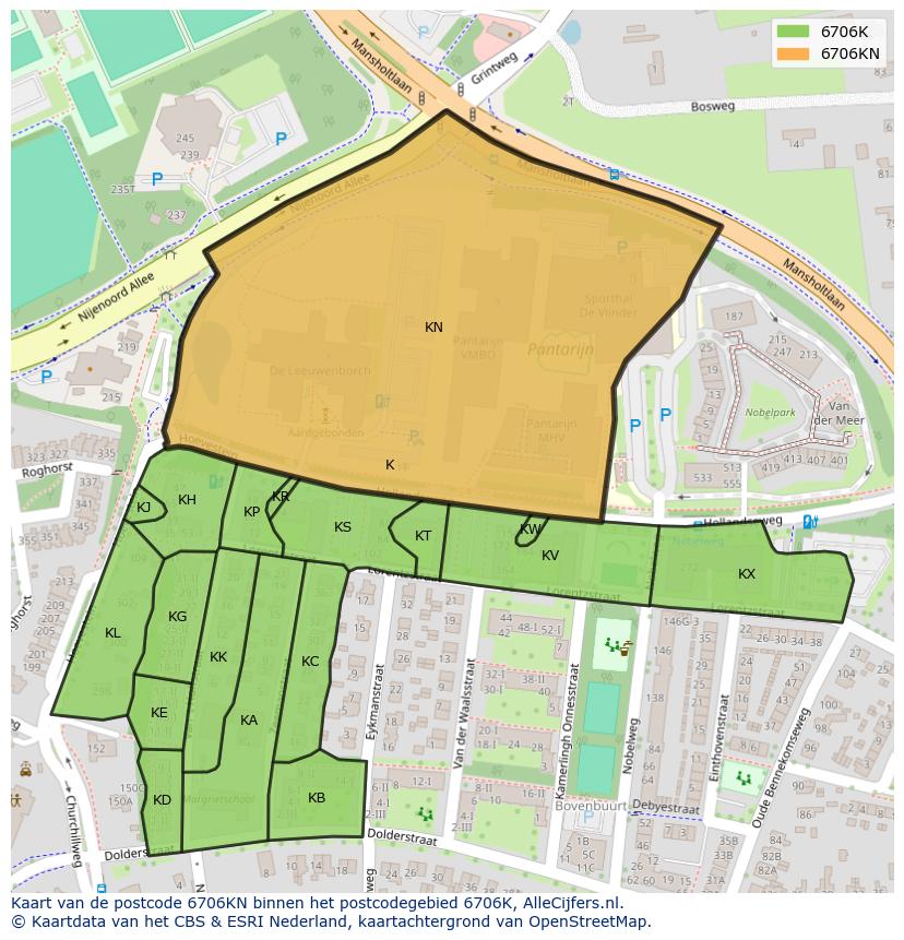 Afbeelding van het postcodegebied 6706 KN op de kaart.