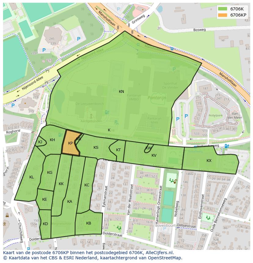 Afbeelding van het postcodegebied 6706 KP op de kaart.