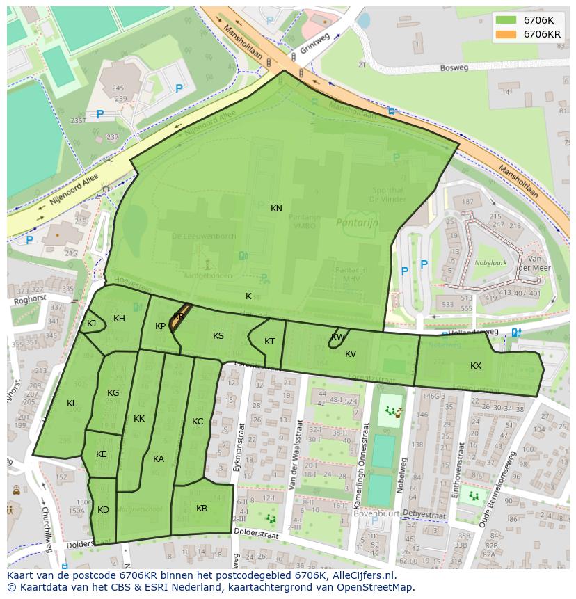 Afbeelding van het postcodegebied 6706 KR op de kaart.