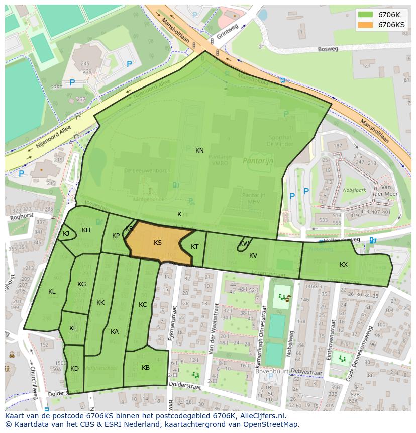 Afbeelding van het postcodegebied 6706 KS op de kaart.