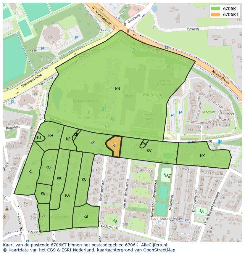 Afbeelding van het postcodegebied 6706 KT op de kaart.