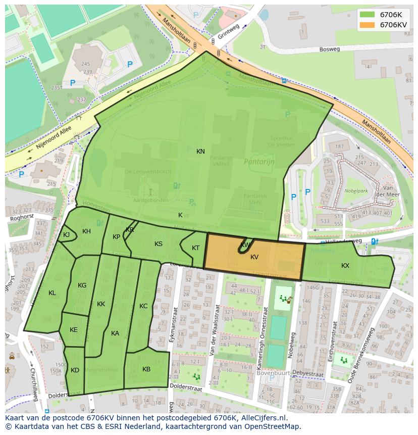 Afbeelding van het postcodegebied 6706 KV op de kaart.