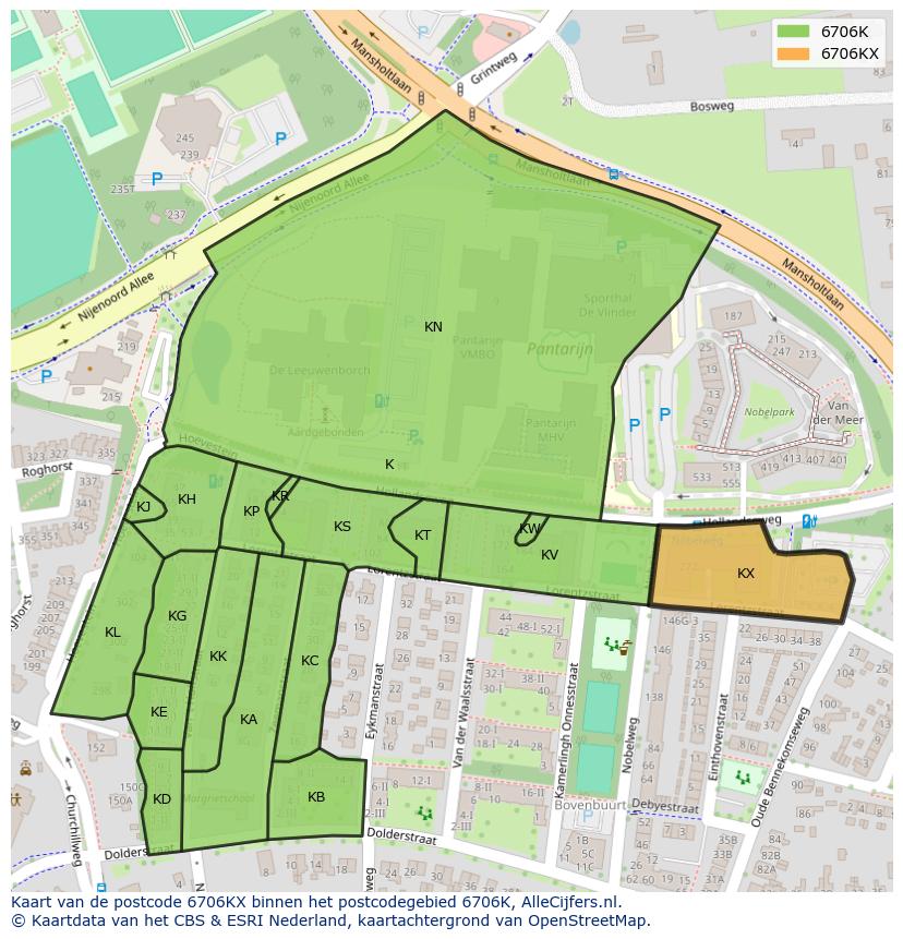 Afbeelding van het postcodegebied 6706 KX op de kaart.