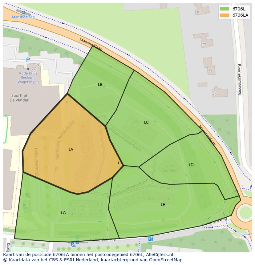 Afbeelding van het postcodegebied 6706 LA op de kaart.