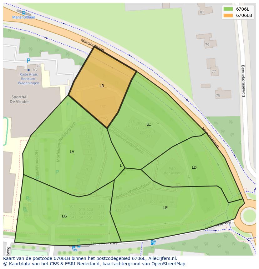 Afbeelding van het postcodegebied 6706 LB op de kaart.