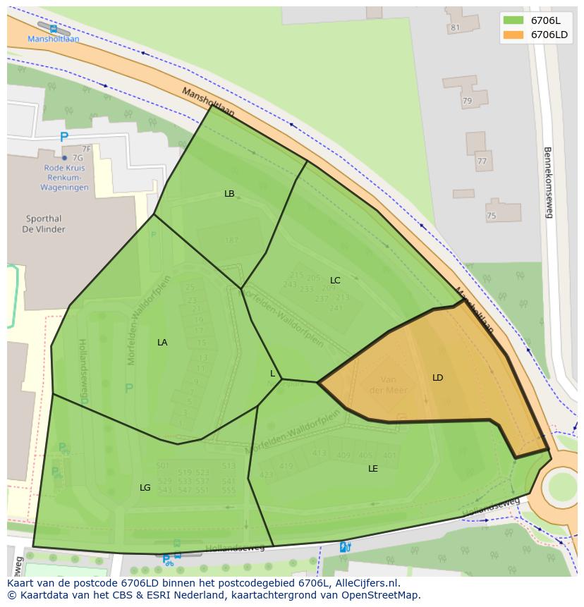 Afbeelding van het postcodegebied 6706 LD op de kaart.
