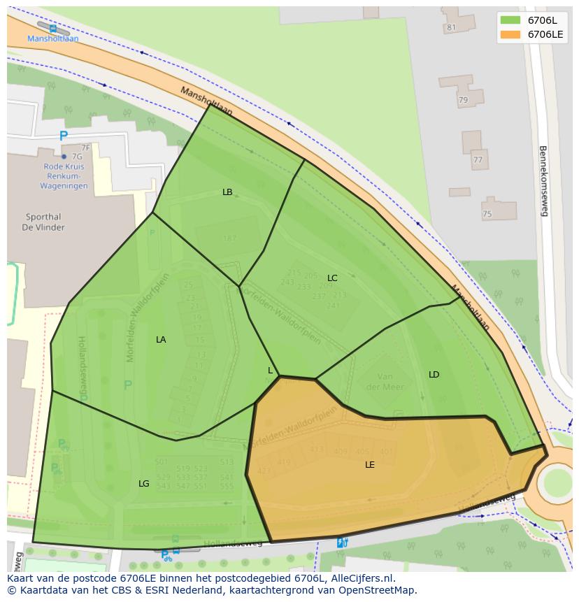 Afbeelding van het postcodegebied 6706 LE op de kaart.