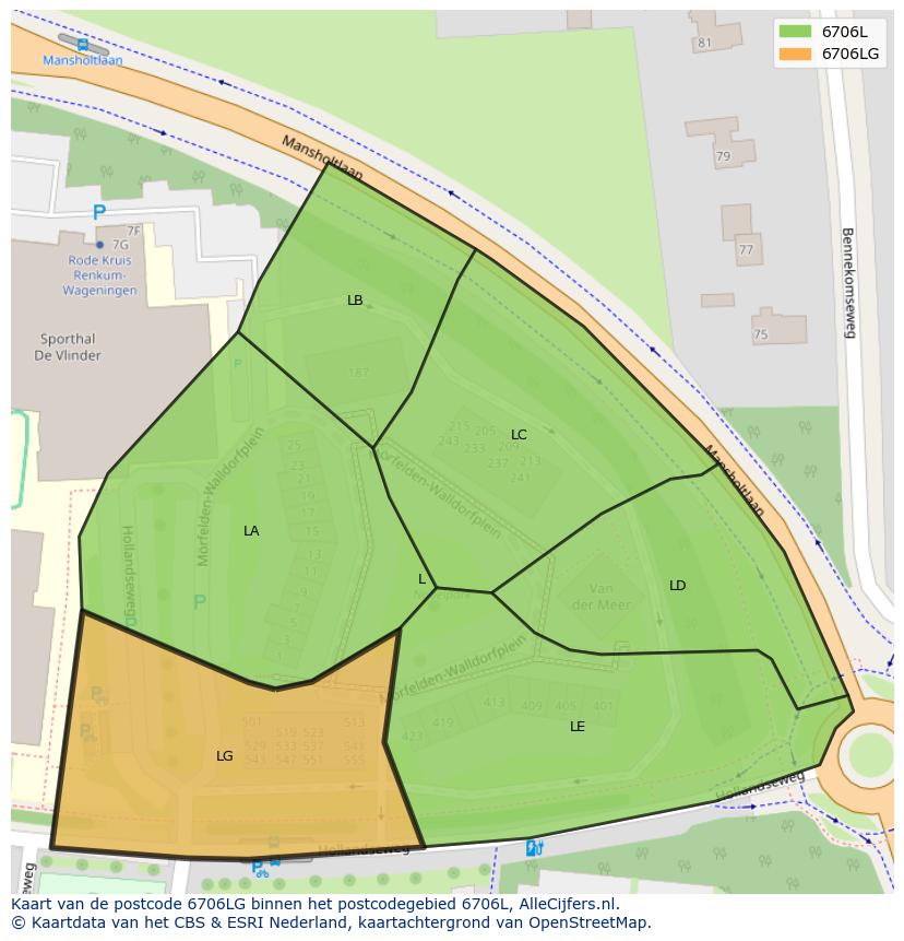 Afbeelding van het postcodegebied 6706 LG op de kaart.