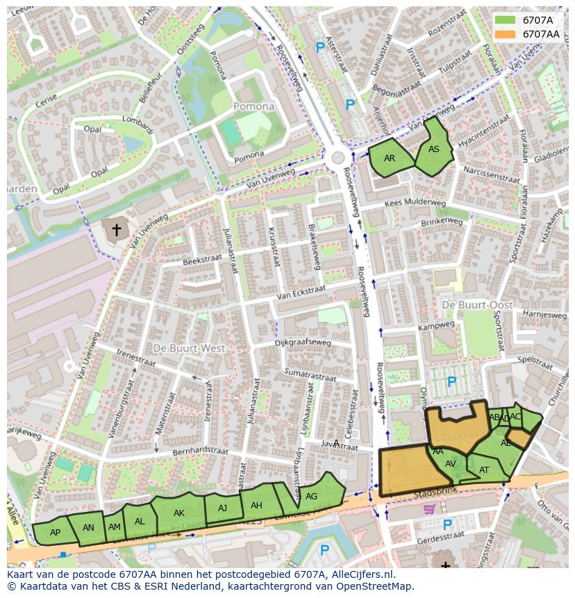 Afbeelding van het postcodegebied 6707 AA op de kaart.