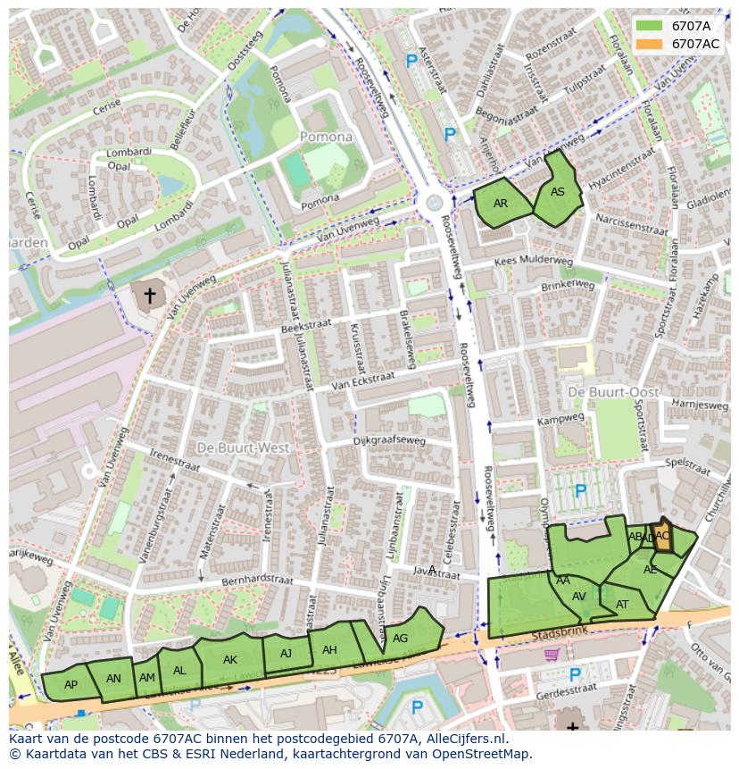 Afbeelding van het postcodegebied 6707 AC op de kaart.