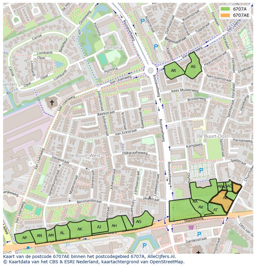 Afbeelding van het postcodegebied 6707 AE op de kaart.