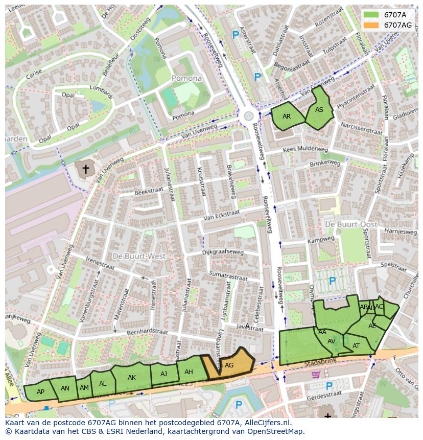 Afbeelding van het postcodegebied 6707 AG op de kaart.