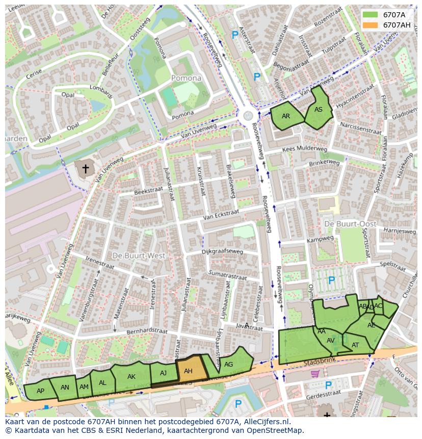 Afbeelding van het postcodegebied 6707 AH op de kaart.