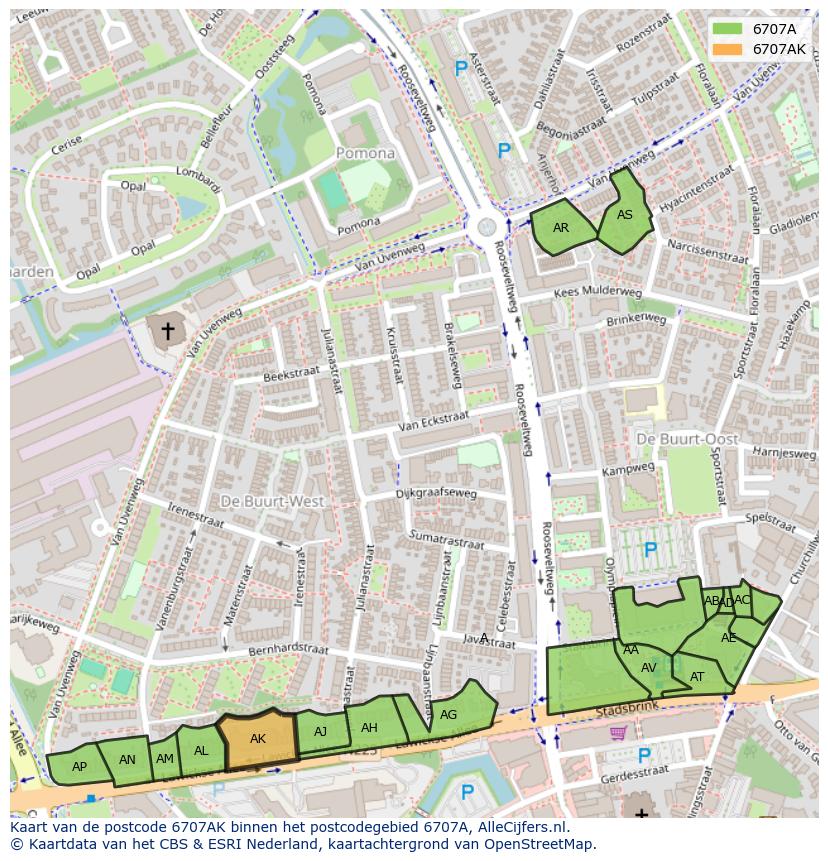 Afbeelding van het postcodegebied 6707 AK op de kaart.