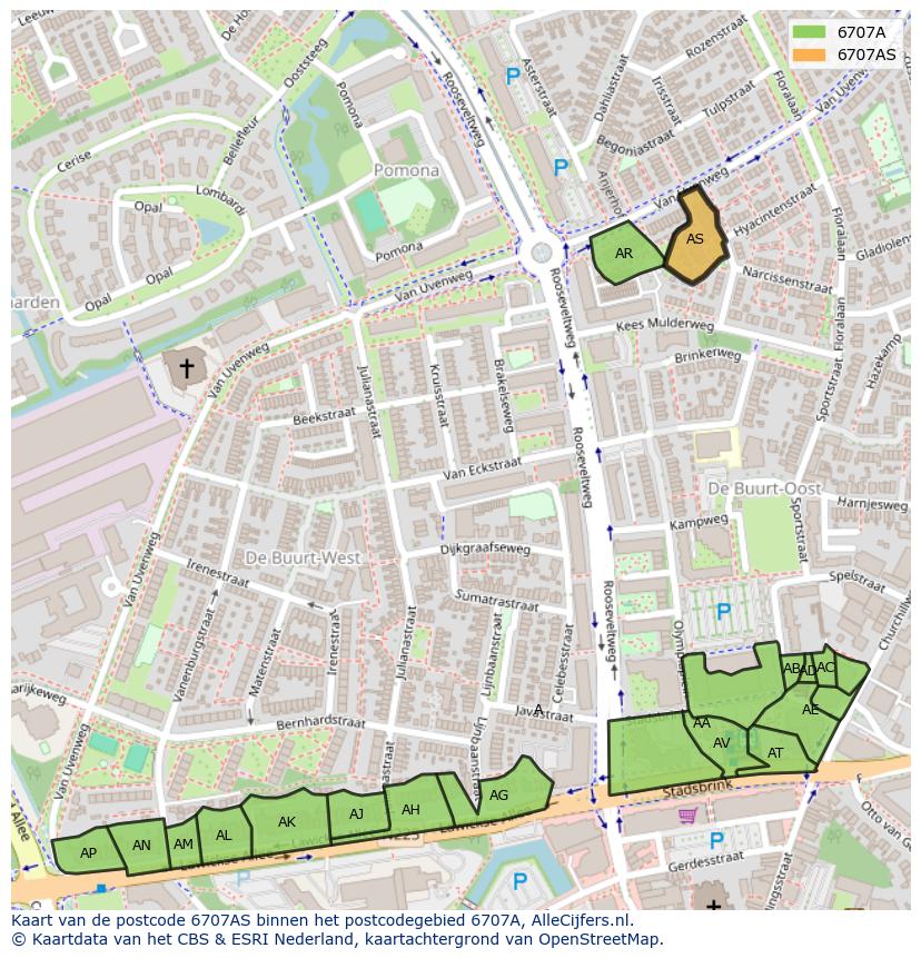 Afbeelding van het postcodegebied 6707 AS op de kaart.