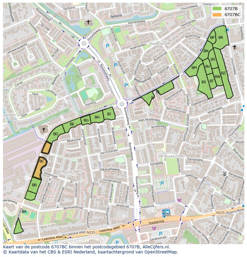 Afbeelding van het postcodegebied 6707 BC op de kaart.