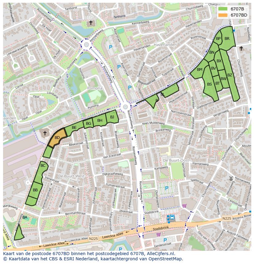 Afbeelding van het postcodegebied 6707 BD op de kaart.
