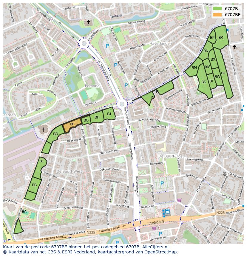 Afbeelding van het postcodegebied 6707 BE op de kaart.