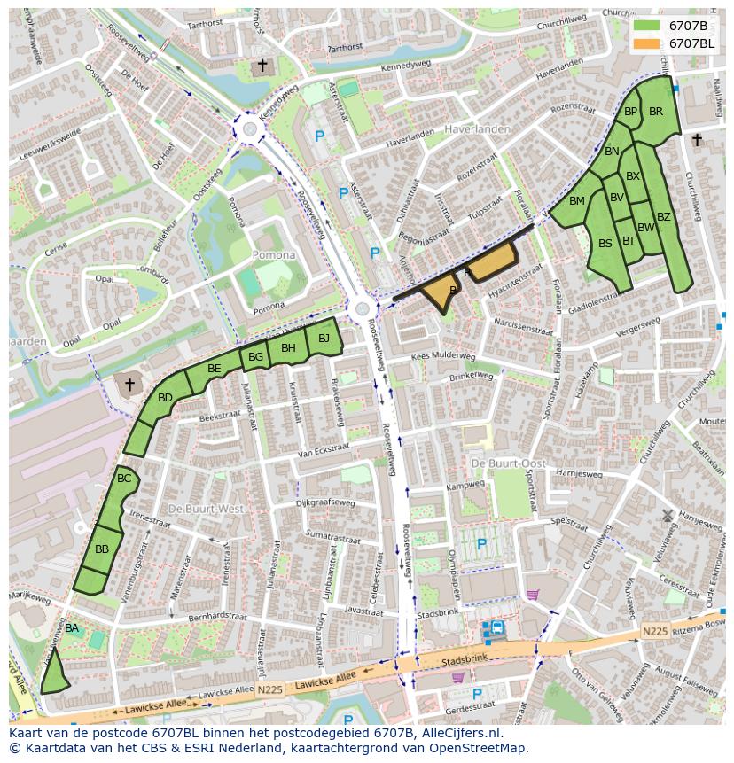 Afbeelding van het postcodegebied 6707 BL op de kaart.
