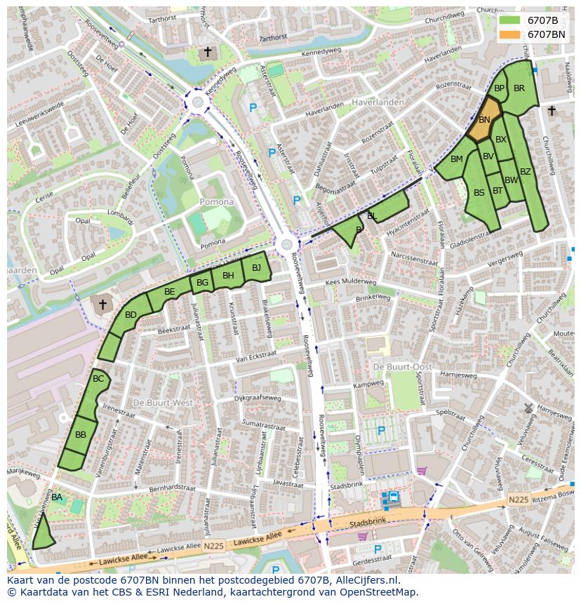 Afbeelding van het postcodegebied 6707 BN op de kaart.