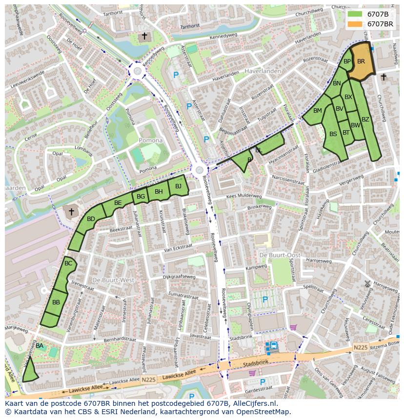 Afbeelding van het postcodegebied 6707 BR op de kaart.