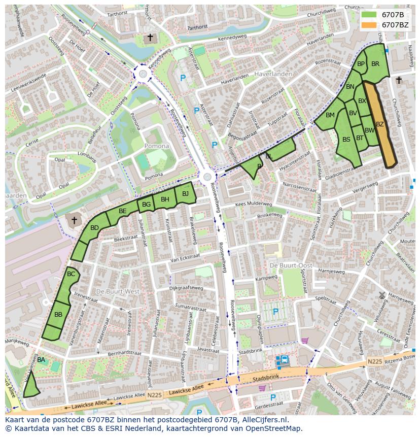 Afbeelding van het postcodegebied 6707 BZ op de kaart.