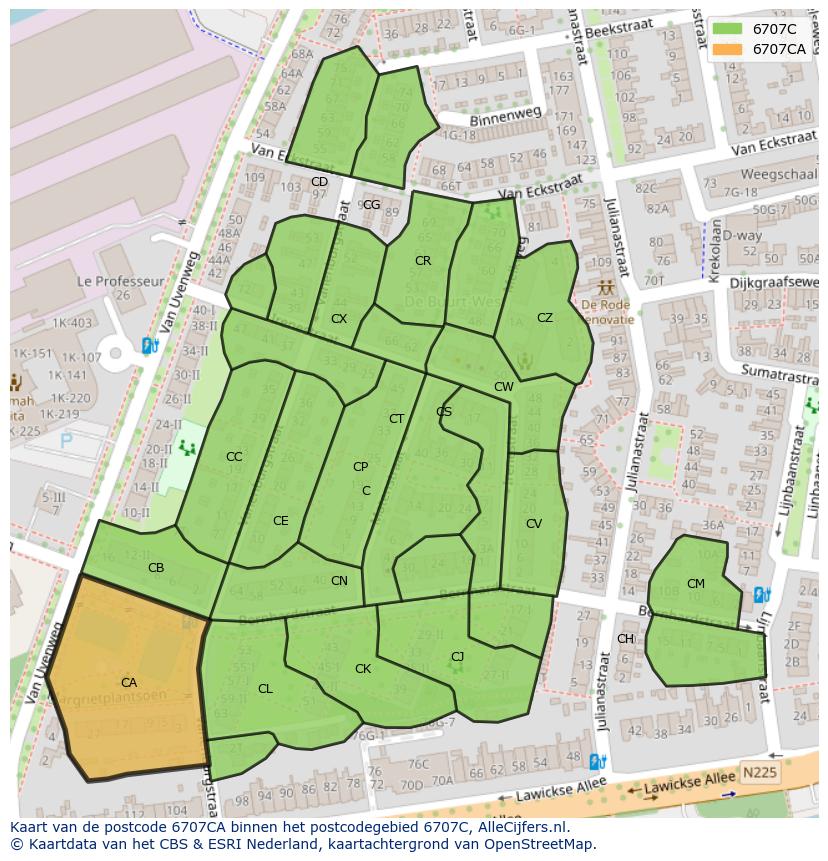 Afbeelding van het postcodegebied 6707 CA op de kaart.