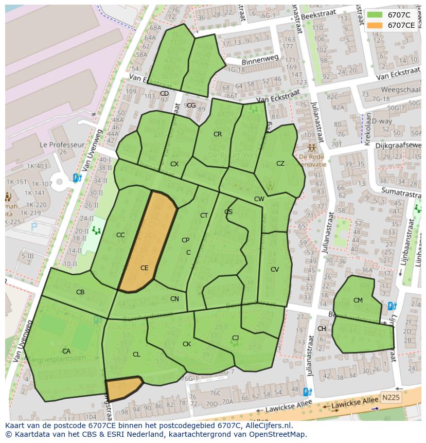 Afbeelding van het postcodegebied 6707 CE op de kaart.