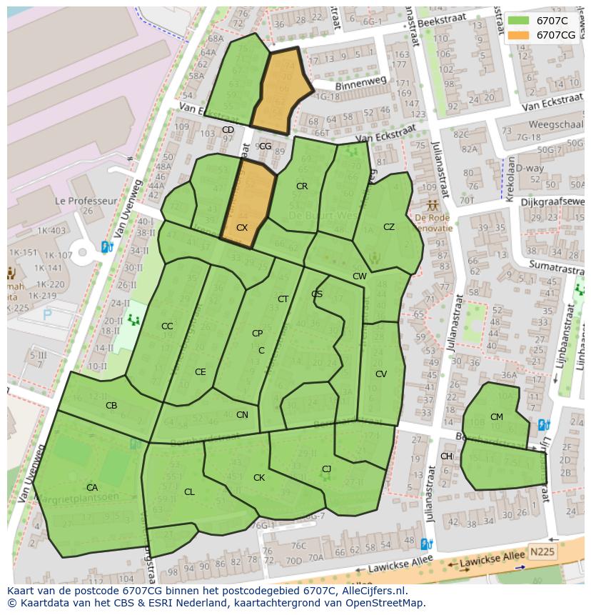 Afbeelding van het postcodegebied 6707 CG op de kaart.