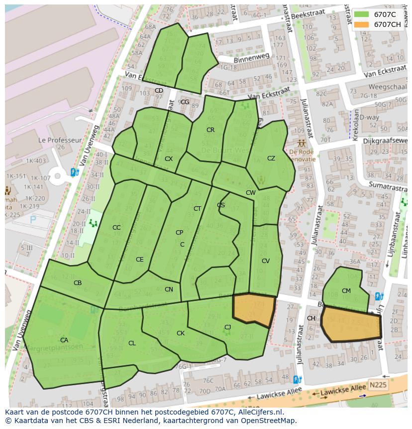 Afbeelding van het postcodegebied 6707 CH op de kaart.
