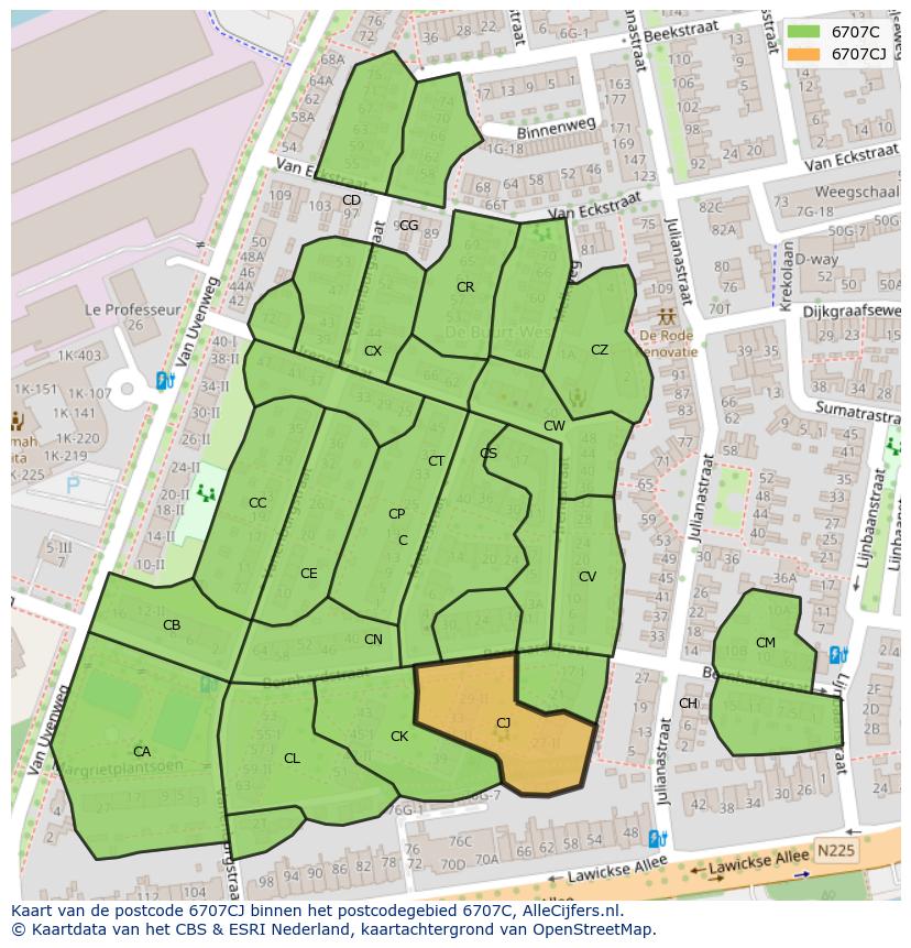 Afbeelding van het postcodegebied 6707 CJ op de kaart.