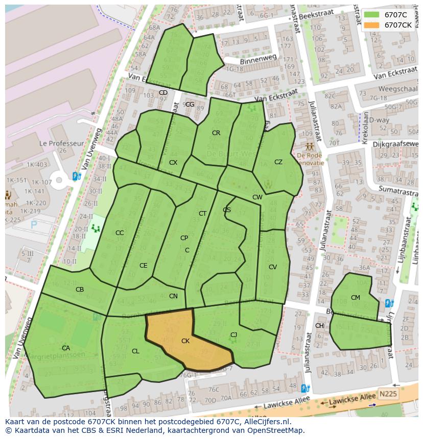 Afbeelding van het postcodegebied 6707 CK op de kaart.