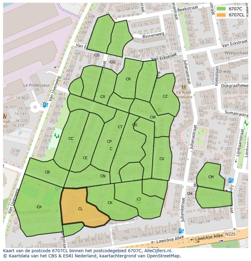 Afbeelding van het postcodegebied 6707 CL op de kaart.