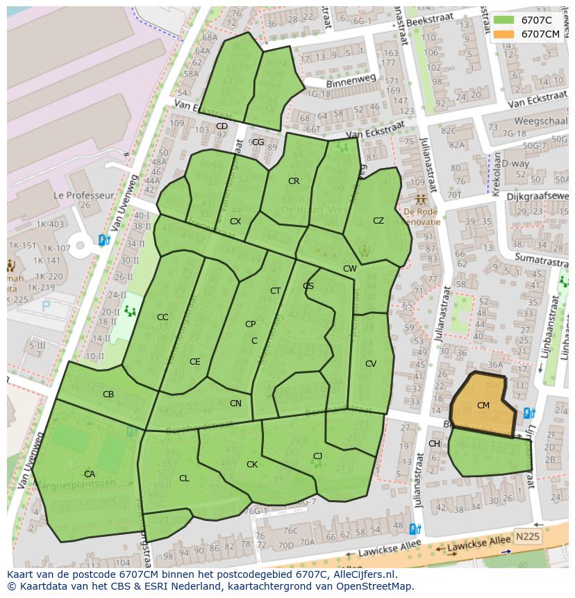 Afbeelding van het postcodegebied 6707 CM op de kaart.