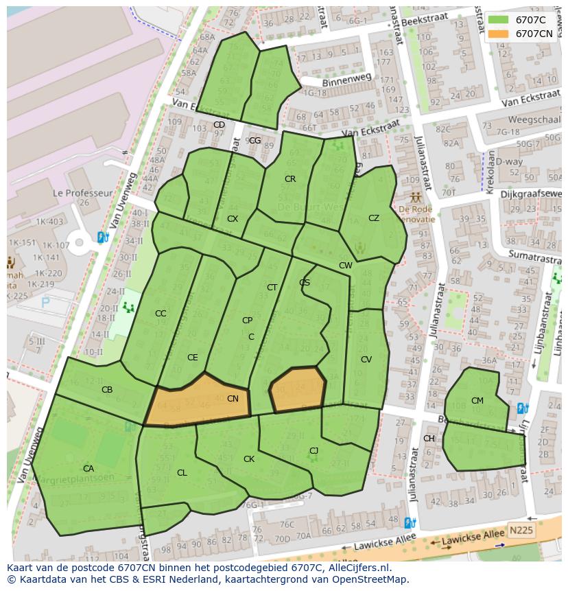 Afbeelding van het postcodegebied 6707 CN op de kaart.