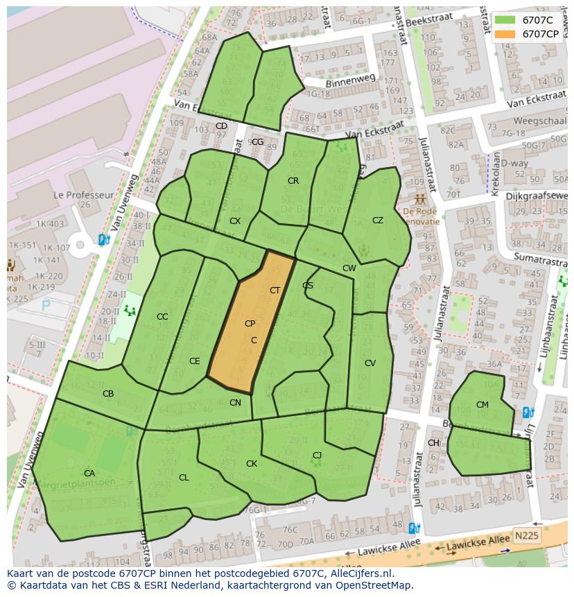 Afbeelding van het postcodegebied 6707 CP op de kaart.