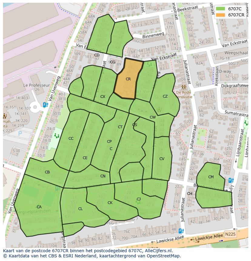 Afbeelding van het postcodegebied 6707 CR op de kaart.