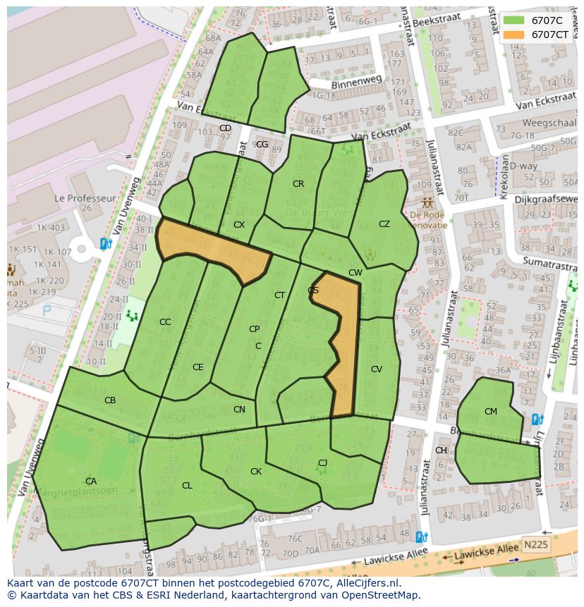 Afbeelding van het postcodegebied 6707 CT op de kaart.