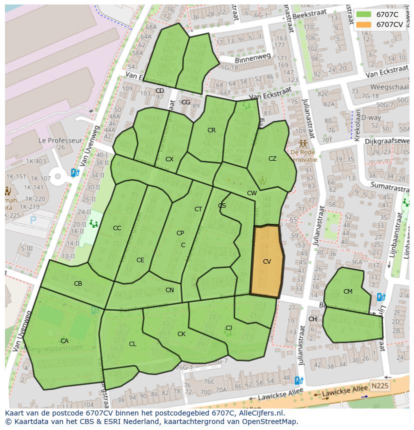 Afbeelding van het postcodegebied 6707 CV op de kaart.