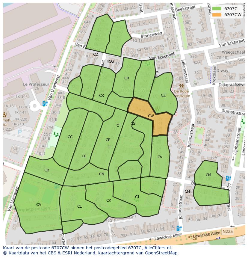 Afbeelding van het postcodegebied 6707 CW op de kaart.