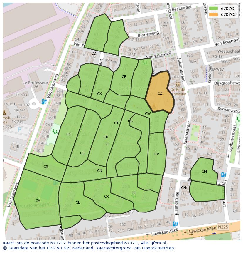 Afbeelding van het postcodegebied 6707 CZ op de kaart.