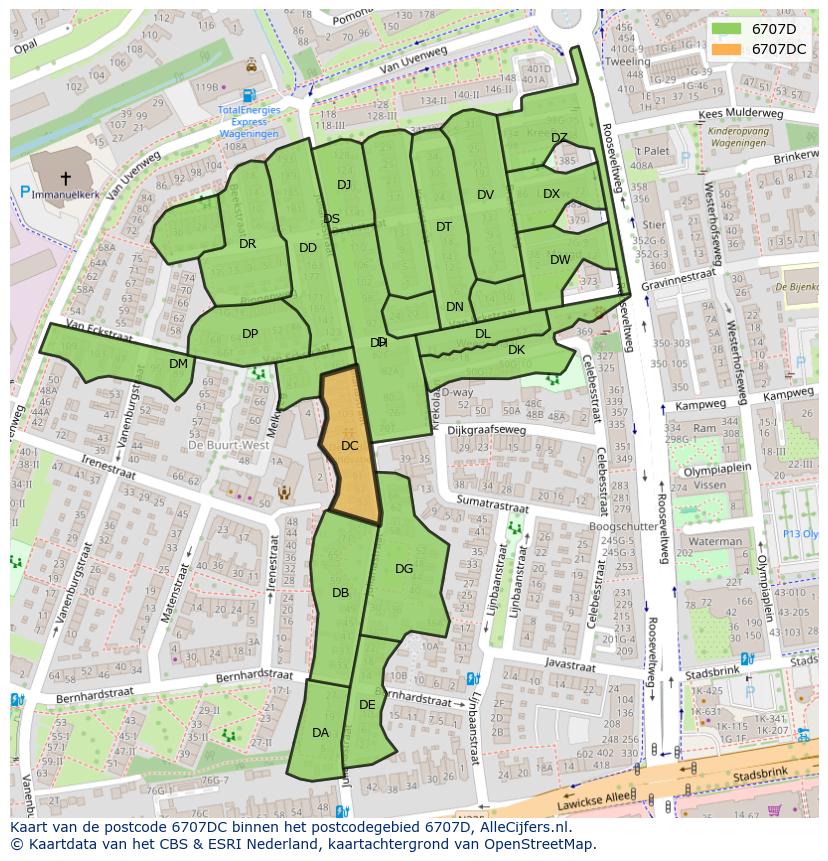 Afbeelding van het postcodegebied 6707 DC op de kaart.